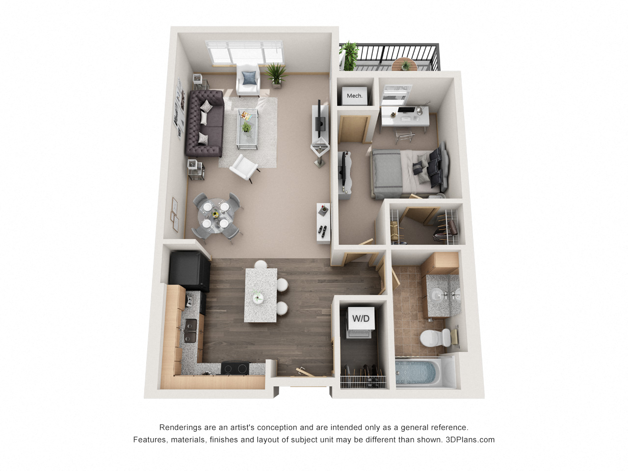 Floor plan for 1 bed, 1 bath, 729 sqft